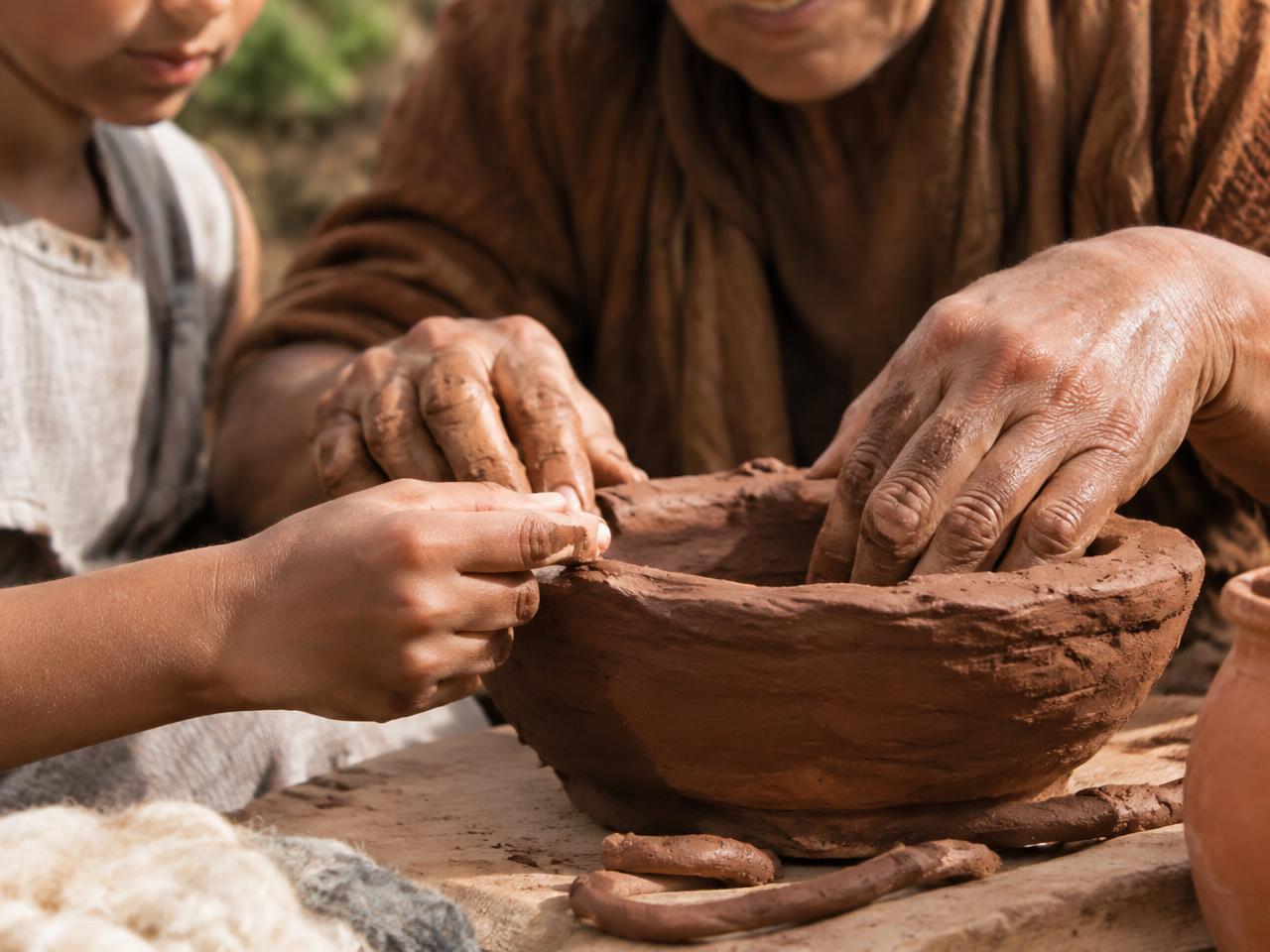An elder and a child shaping a clay bowl together
