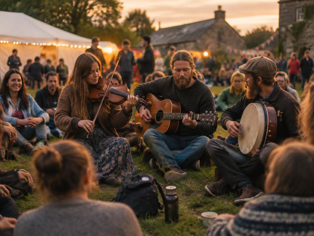 Fiddle, guitar and hand drum players in a circle of listeners at dusk