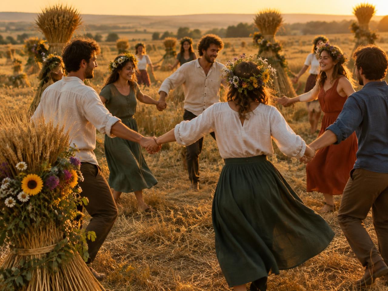 People with flower crowns dancing in a circle in a harvested wheat field