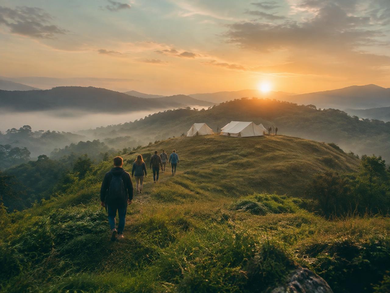 People walking up a misty hillside toward a few canvas tents at sunrise